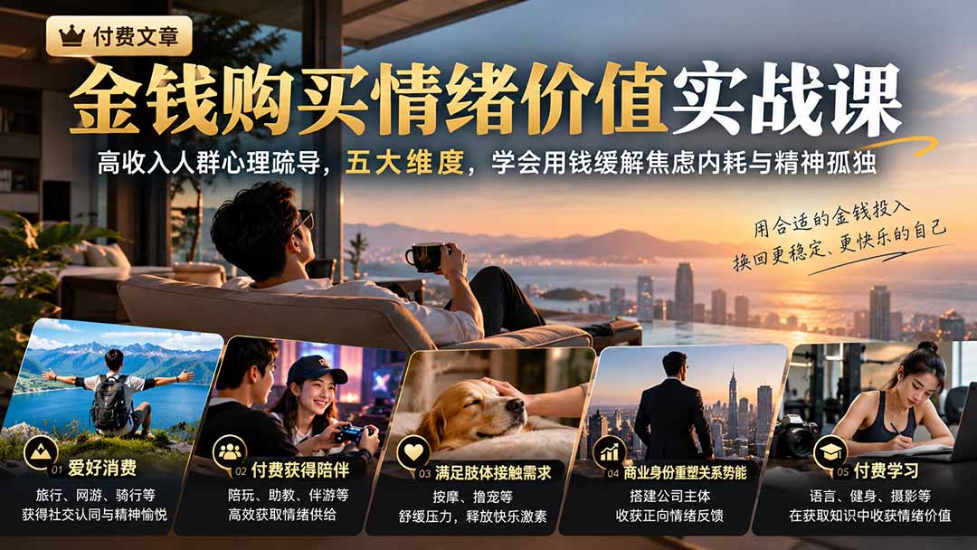 付费文章:金钱购买情绪价值实战课|高收入人群心理疏导,五大维度,学会用钱缓解焦虑内耗与精神孤独-站长V课