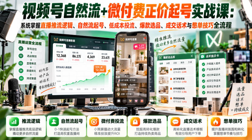 视频号自然流+微付费正价起号实战课:系统掌握直播推流逻辑、自然流起号、低成本投流、爆款选品、成交话术与憋单技巧全流程-站长V课