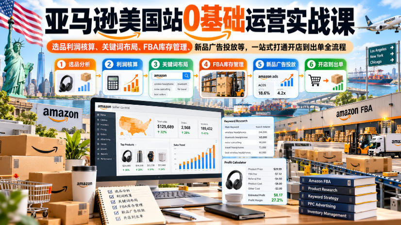亚马逊美国站0基础运营实战课|选品利润核算、关键词布局、FBA库存管理、新品广告投放等,一站式打通开店到出单全流程-站长V课