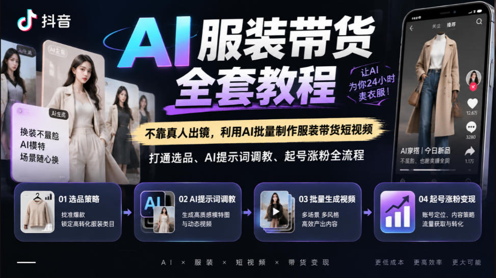 抖音AI服装带货全套教程,不靠真人出镜,利用AI批量制作服装带货短视频,打通选品、AI提示词调教、起号涨粉全流程-站长V课