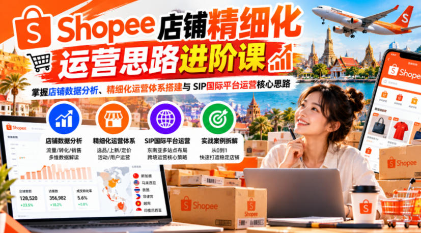 Shopee店铺精细化运营思路进阶课,掌握店铺数据分析、精细化运营体系搭建与SIP国际平台运营核心思路-站长V课