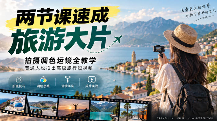 两节课速成旅游大片|拍摄调色运镜全教学,普通人也拍出高级旅行短视频-站长V课