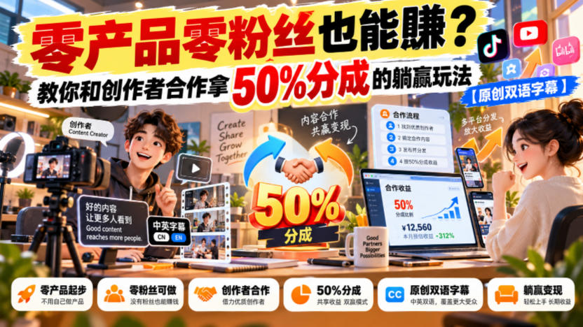 【无水印】零产品零粉丝也能賺?教你和创作者合作拿50%分成的躺赢玩法【原创双语字幕】-站长V课