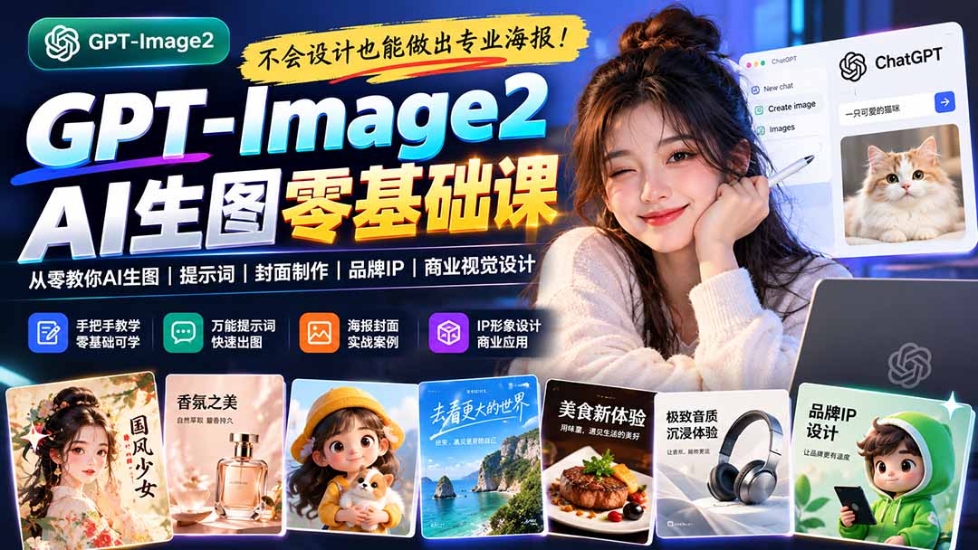 不会设计也能做出专业海报!GPT-Image2从零教你AI生图、提示词、封面制作、品牌IP与商业视觉设计-站长V课