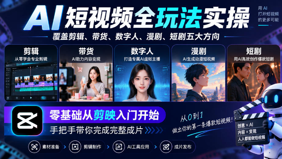 AI短视频全玩法实操,覆盖剪辑、带货、数字人、漫剧、短剧五大方向,零基础从剪映入门开始,手把手带你完成完整成片-站长V课
