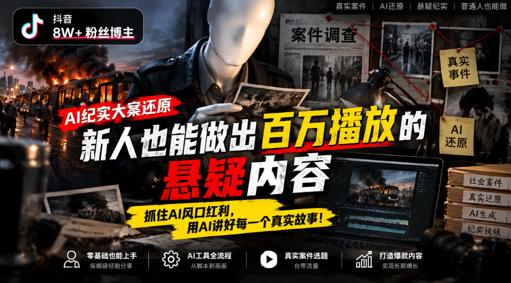 抖音8W粉丝博主的AI纪实大案还原教学,新人也能做出百W播放的悬疑内容,抓住AI风口红利,用AI讲好每一个真实故事(更新1014)-站长V课