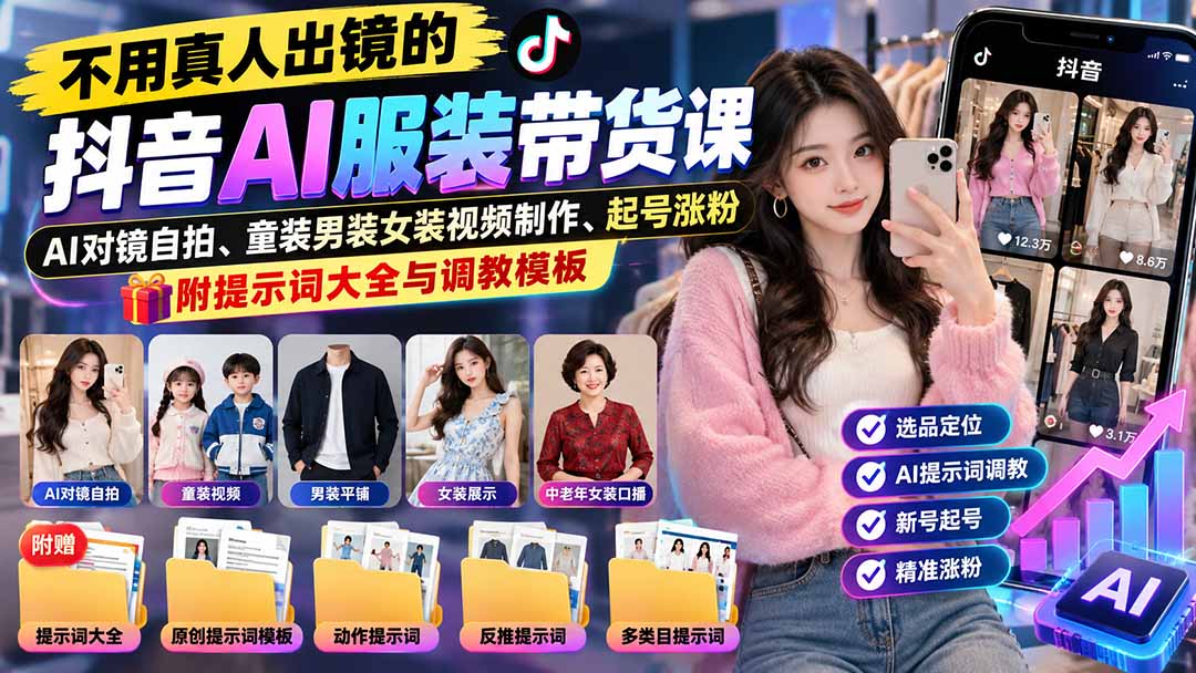 不用真人出镜的抖音AI服装带货课:AI对镜自拍、童装男装女装视频制作、起号涨粉,附提示词大全与调教模板-站长V课