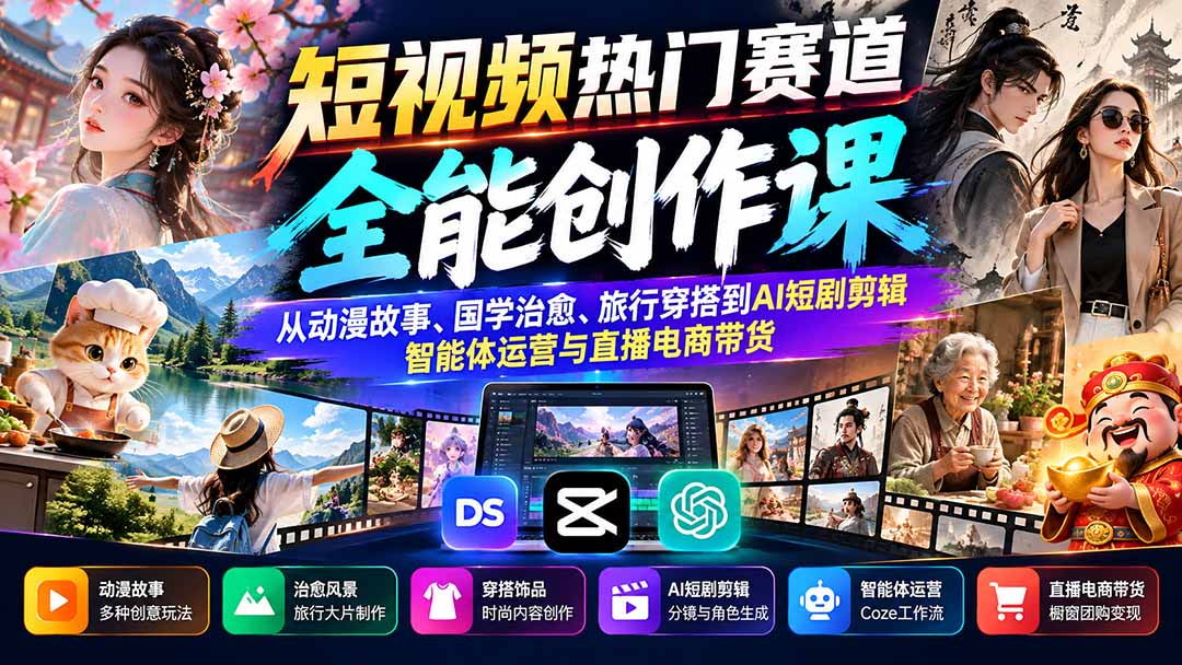 短视频热门赛道全能创作课:从动漫故事、国学治愈、旅行穿搭到AI短剧剪辑、智能体运营与直播电商带货-站长V课