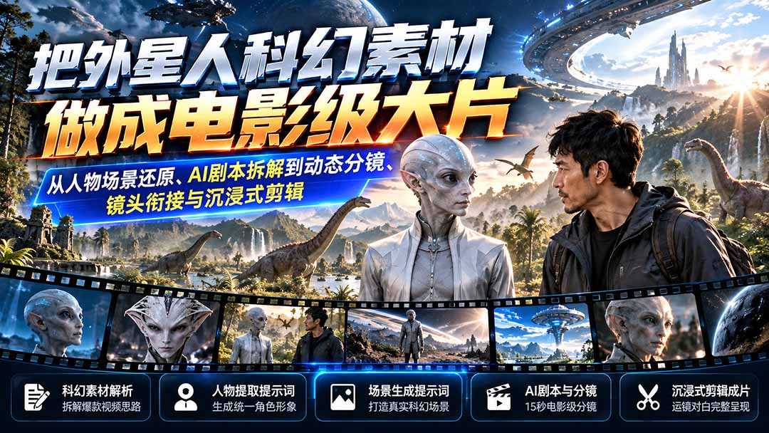 把外星人科幻素材做成电影级大片:从人物场景还原、AI剧本拆解到动态分镜、镜头衔接与沉浸式剪辑-站长V课
