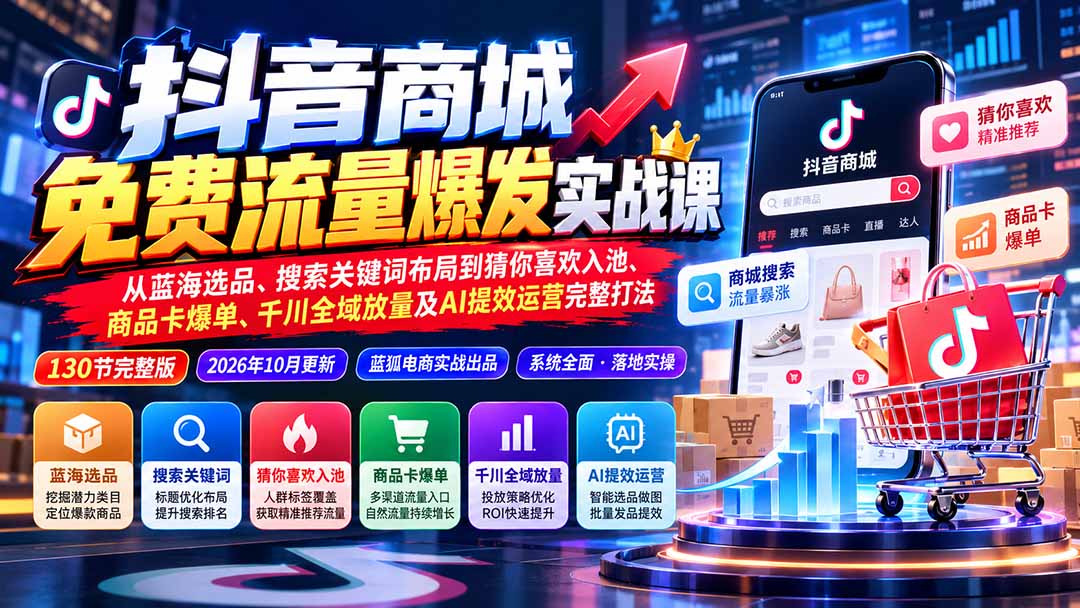 抖音商城免费流量爆发实战:从蓝海选品、搜索关键词布局到猜你喜欢入池、商品卡爆单、千川全域放量及AI提效完整打法-站长V课