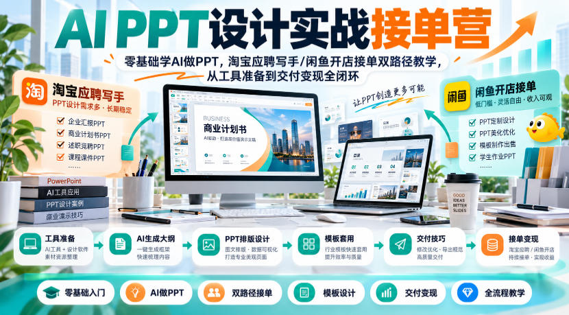 AI PPT设计实战接单营|零基础学AI做PPT,淘宝应聘写手/闲鱼开店接单双路径教学,从工具准备到交付变现全闭环-站长V课
