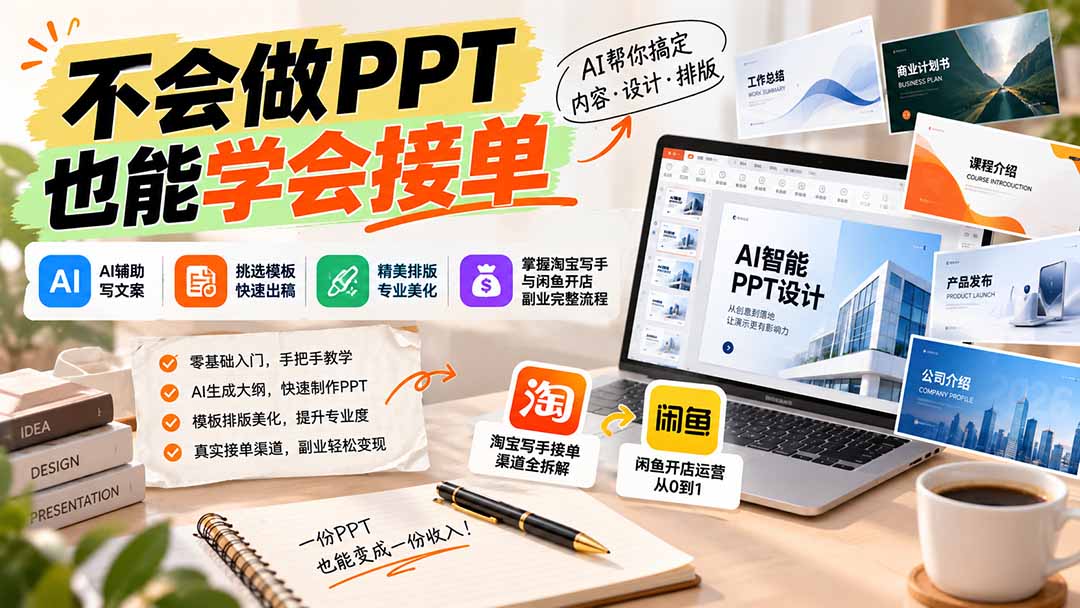 不会做PPT也能学会接单:AI辅助写文案、挑模板、做排版,掌握淘宝写手与闲鱼开店副业完整流程-站长V课