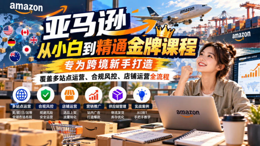 亚马逊从小白到精通金牌课程,专为跨境新手打造,覆盖多站点运营、合规风控、店铺运营全流程-站长V课