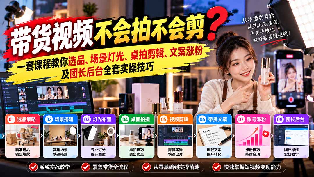 带货视频不会拍不会剪？一套课程教你选品、场景灯光、桌拍剪辑、文案涨粉及团长后台全套实操技巧  复制标题-站长V课