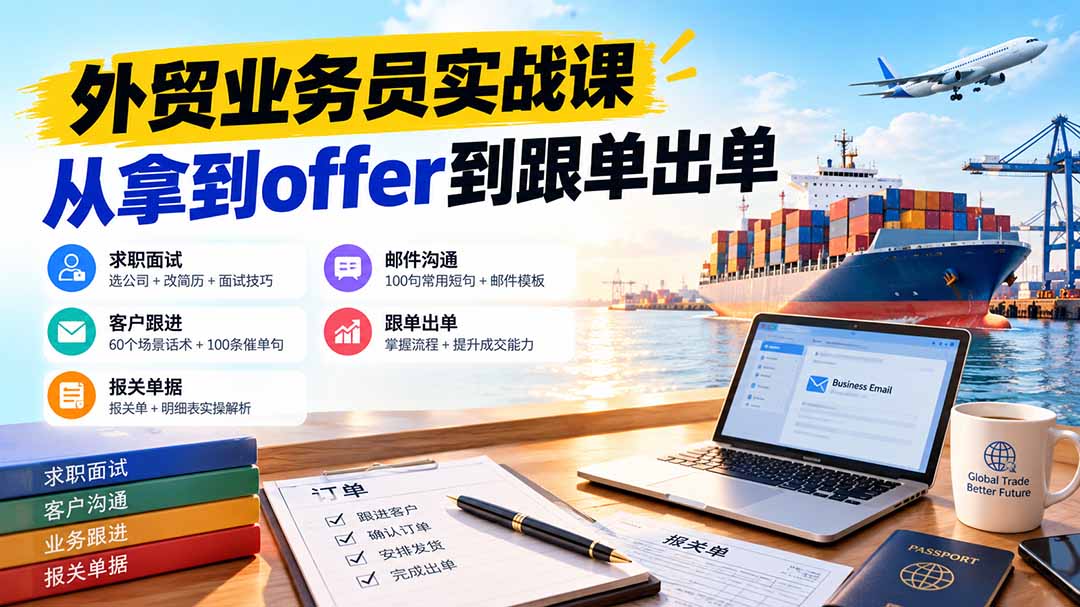 外贸业务员从求职到出单实战课:教你筛选优质公司、优化简历、应对面试、客户跟进催单及出口报关操作篇-站长V课