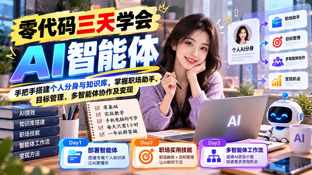 【无水印】零代码三天学会AI智能体：手把手搭建个人分身与知识库，掌握职场助手、目标管理、多智能体协作及变现-站长V课