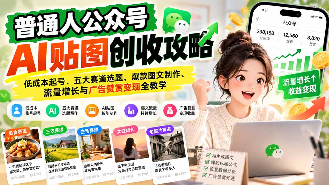 普通人公众号AI贴图创收攻略：低成本起号、五大赛道选题、爆款图文制作、流量增长与广告赞赏变现全教学-站长V课