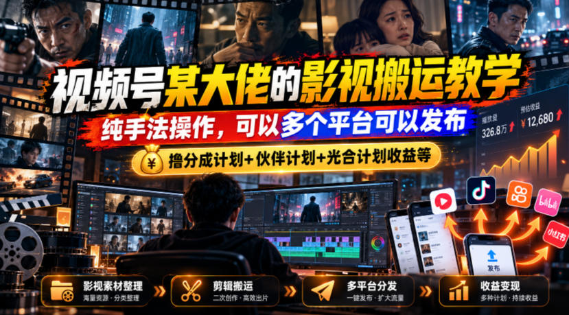 视频号某大佬的影视搬运教学，纯手法操作，可以多个平台可以发布，撸分成计划+伙伴计划+光合计划收益等-站长V课