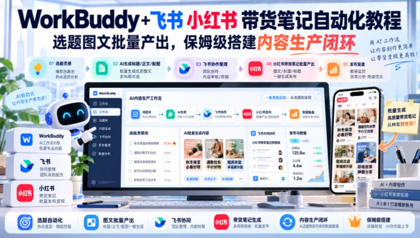 WorkBuddy+飞书小红书带货笔记自动化教程,选题图文批量产出,保姆级搭建内容生产闭环【文档】-站长V课