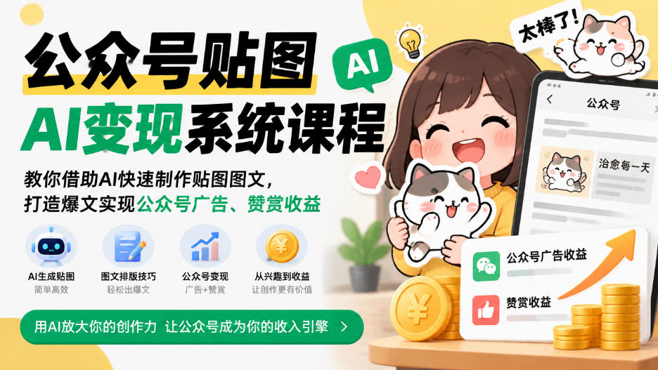 公众号贴图AI变现系统课程|教你借助AI快速制作贴图图文,打造爆文实现公众号广告、赞赏收益-站长V课