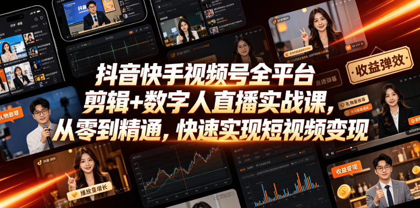 抖音快手视频号全平台剪辑+数字人直播实战课,从零到精通,快速实现短视频变现(更新2026年10月)