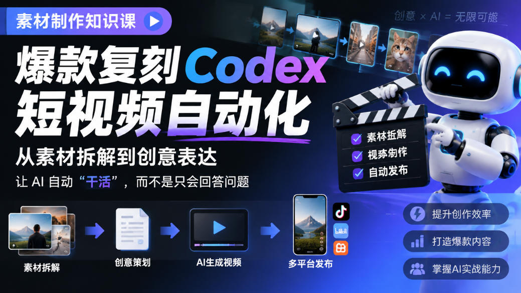 素材制作知识课，爆款复刻Codex短视频自动化，从素材拆解到创意表达，让AI自动“干活”，而不是只会回答问题-站长V课