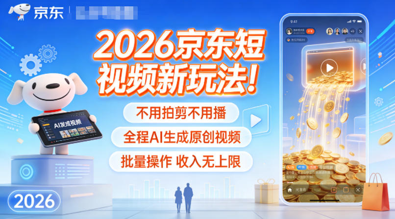 2026京东短视频新玩法！不用拍剪不用播，全程AI生成原创视频，批量操作收入无上限-站长V课