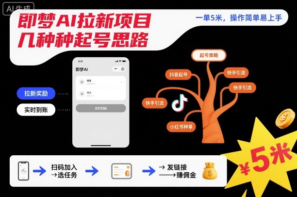 即梦AI拉新项目几种起号思路,一单5米,操作简单易上手