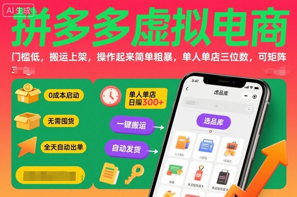 拼多多虚拟电商，门槛低，搬运上架，操作起来简单粗暴，单人单店三位数，可矩阵-站长V课