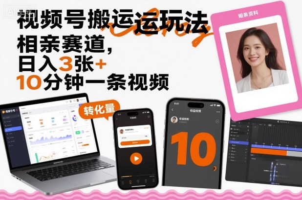 视频号搬运玩法，相亲赛道，日入3张+，10分钟一条视频-站长V课
