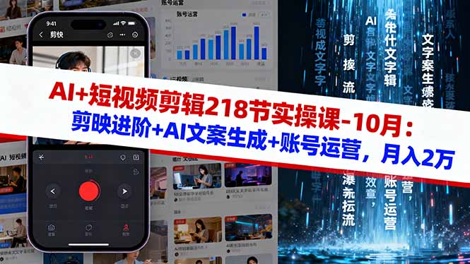 AI+短视频剪辑218节实操课-10月：剪映进阶+AI文案生成+账号运营，月入2万-站长V课