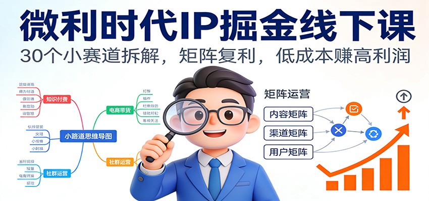 微利时代IP掘金线下课：30个小赛道拆解，矩阵复利，低成本赚高利润-站长V课