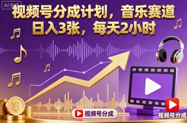 视频号分成计划，音乐赛道，日入3张，每天2小时