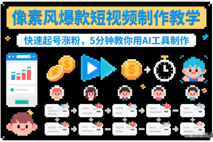 像素风爆款短视频制作教学，快速起号涨粉，5分钟教你用AI工具制作-站长V课
