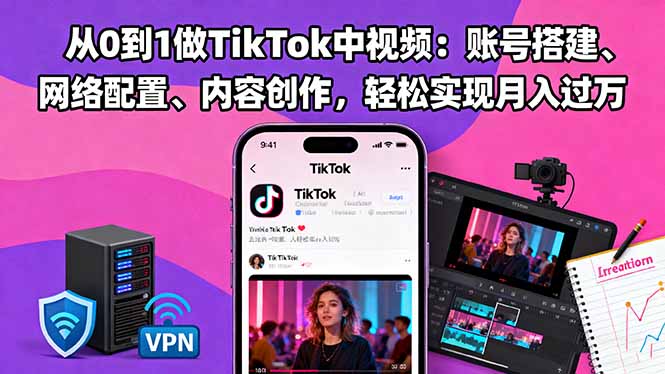 从0到1做TikTok中视频：账号搭建、网络配置、内容创作，轻松实现月入过万-站长V课