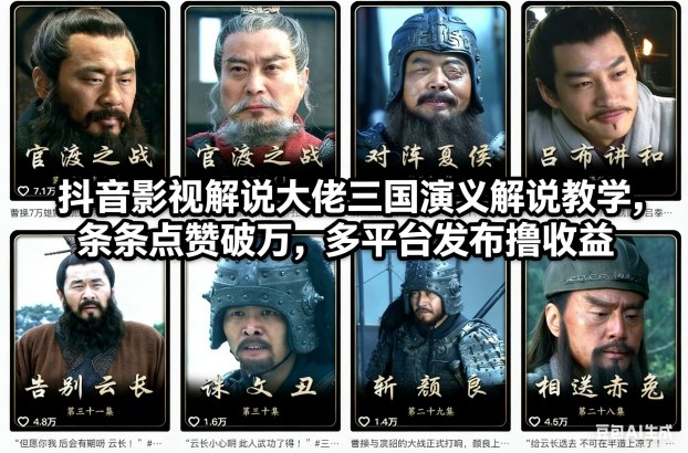 抖音影视解说大佬三国演义解说教学,条条点赞破万,多平台发布撸收益-站长V课
