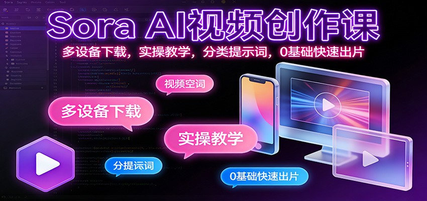 Sora AI视频创作课：多设备下载，实操教学，分类提示词，0基础快速出片-站长V课