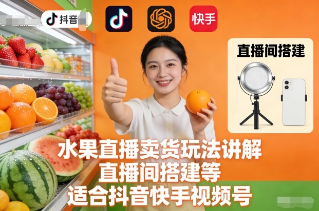 水果直播卖货玩法讲解、直播间搭建等，适合抖音快手视频号-站长V课