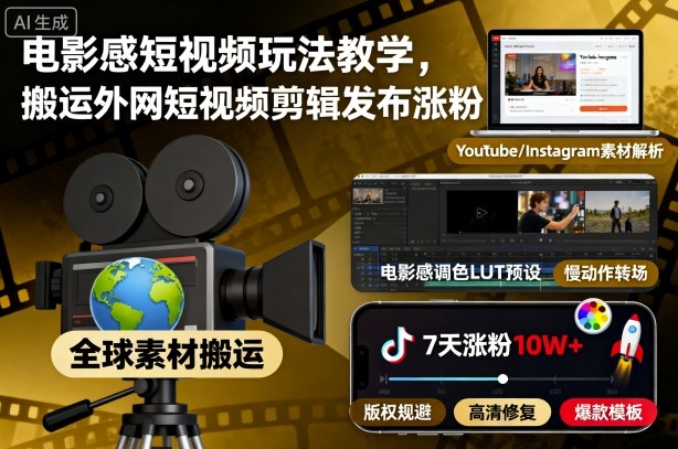 电影感短视频玩法教学,搬运外网短视频剪辑发布涨粉