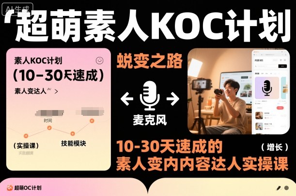 超萌素人KOC计划，10-30天速成的素人变内容达人实操课，适合想做短剧小说推文电商推广的素人入局-站长V课