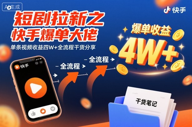 短剧拉新之快手爆单大佬单条视频收益四W+全流程干货分享-站长V课