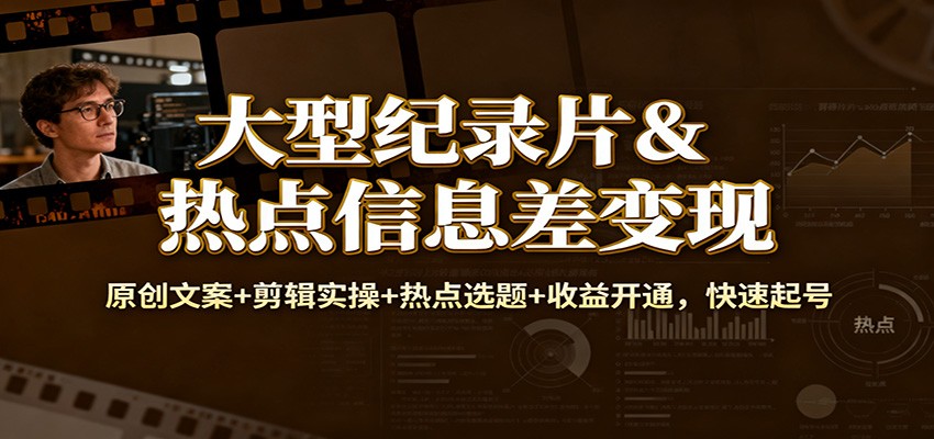大型纪录片&热点信息差变现：原创文案+剪辑实操+热点选题+收益开通，快速起号-站长V课