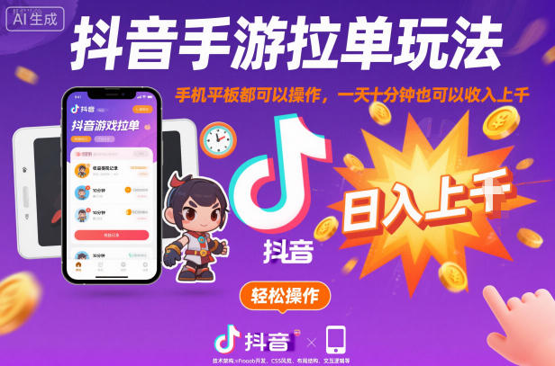 抖音手游拉单玩法，手机平板都可以操作，一天十分钟也可以收入上K【揭秘】-站长V课