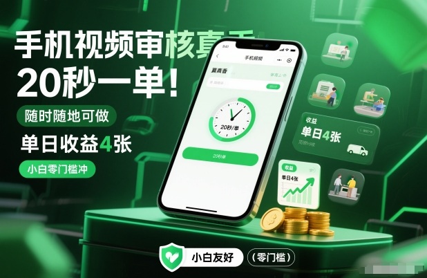 手机视频审核真香！20秒一单，随时随地可做，单日收益4张，小白零门槛冲【揭秘】-站长V课