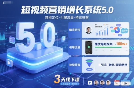 短视频营销增长系统5.0,精准定位-引爆流量-持续获客,3天线下课(音频+图片)-站长V课