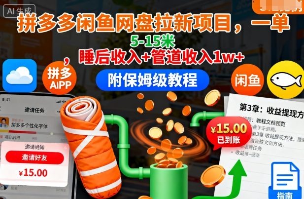 拼多多闲鱼网盘拉新项目，一单5-15米，睡后收入+管道收入1w+(附保姆级教程)-站长V课