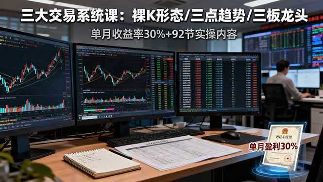 三大交易系统课：裸K形态/三点趋势/三板体系，单月收益率30%+92节实操内容-站长V课