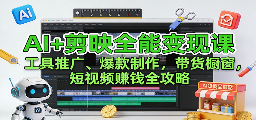 AI+剪映全能变现课：工具推广、爆款制作、带货橱窗，短视频赚钱全攻略-站长V课