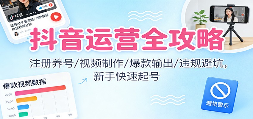 抖音运营全攻略:注册养号/视频制作/爆款输出/违规避坑,新手快速起号-站长V课