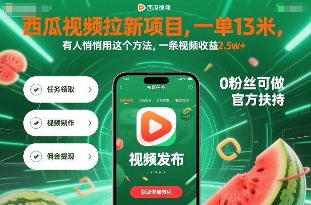 西瓜视频拉新项目，一单13米，有人悄悄用这个方法，一条视频收益2.5w+(附详细教程)-站长V课